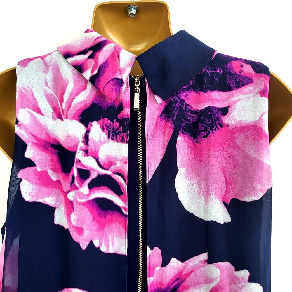Eliza J Size 12 Multi-Colored Floral Chiffon Overlay Dress Back Zip Black Pink - Picture 8 of 15